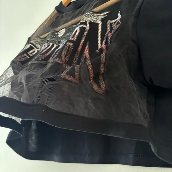 JOHNJOHN Distressed Black Mesh Graphic Crop Top with Eagle Wings - Picture 6 of 7